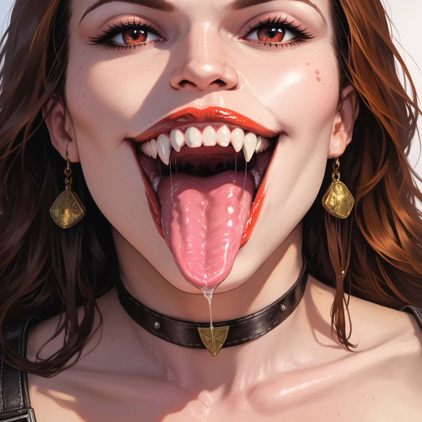 1girl, jewelry, solo, earrings, tongue, brown hair · Yamete.gg