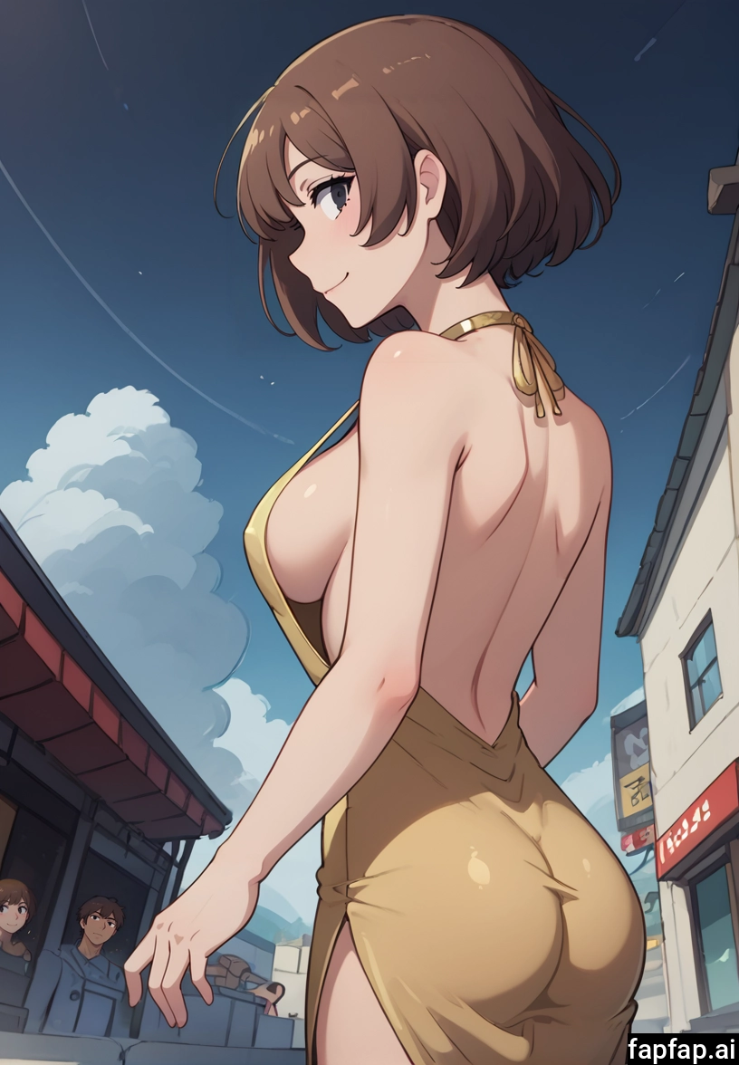 breasts, brown hair, ass, solo focus, dress, short hair