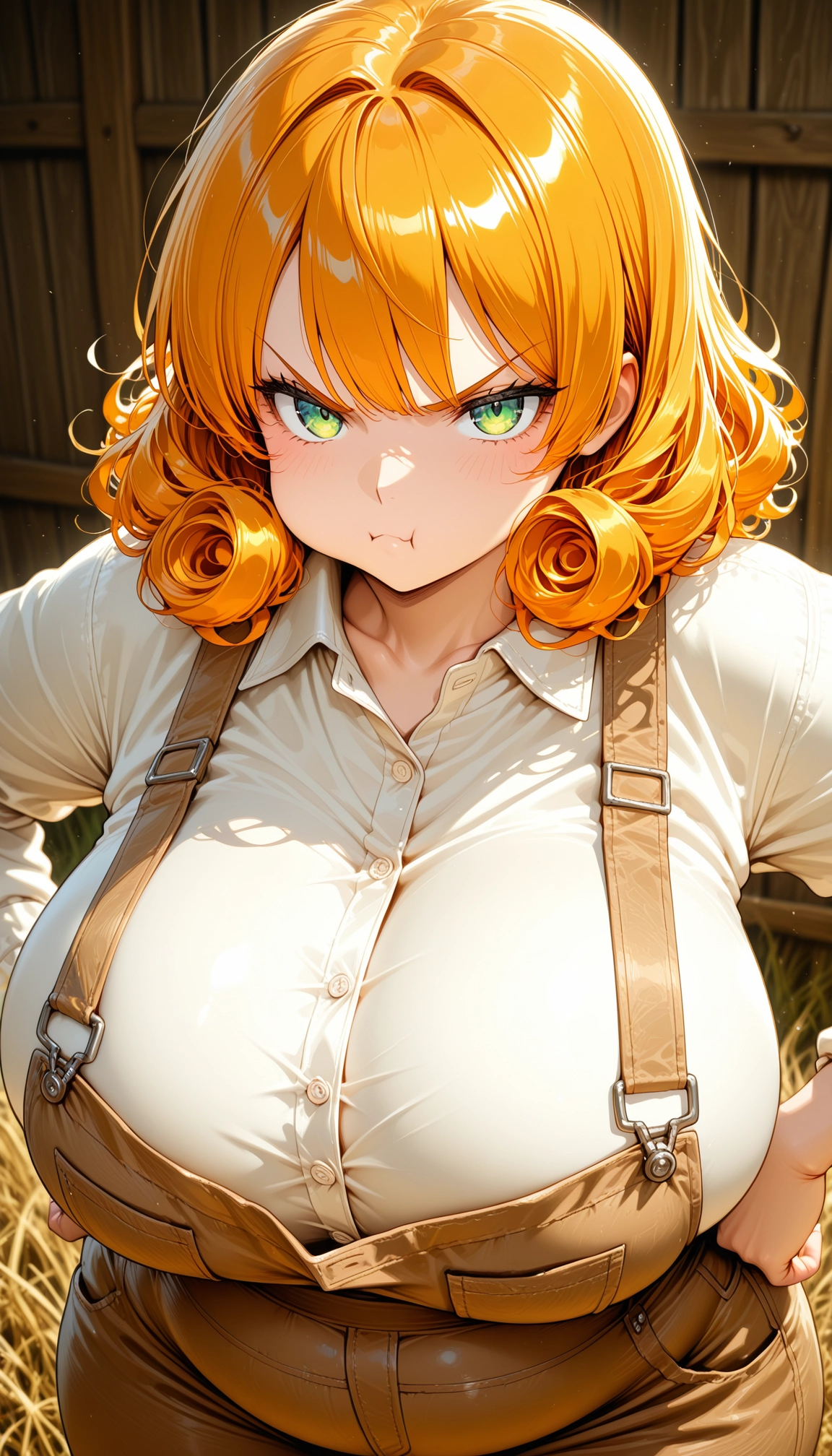1girl, breasts, pout, solo, orange hair, shirt · Yamete.gg