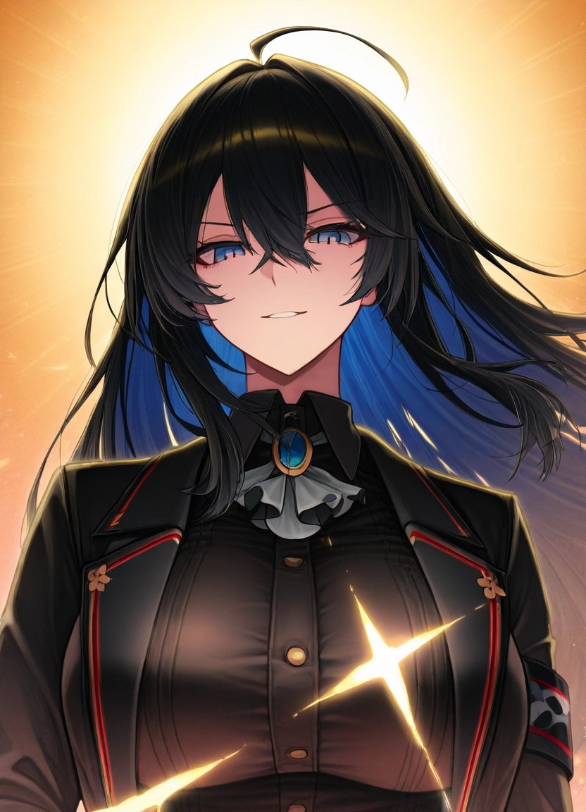 1girl, solo, breasts, black hair, ahoge, long hair
