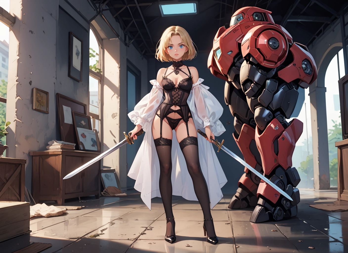 1girl, weapon, sword, underwear, blue eyes, blonde hair · Yamete.gg