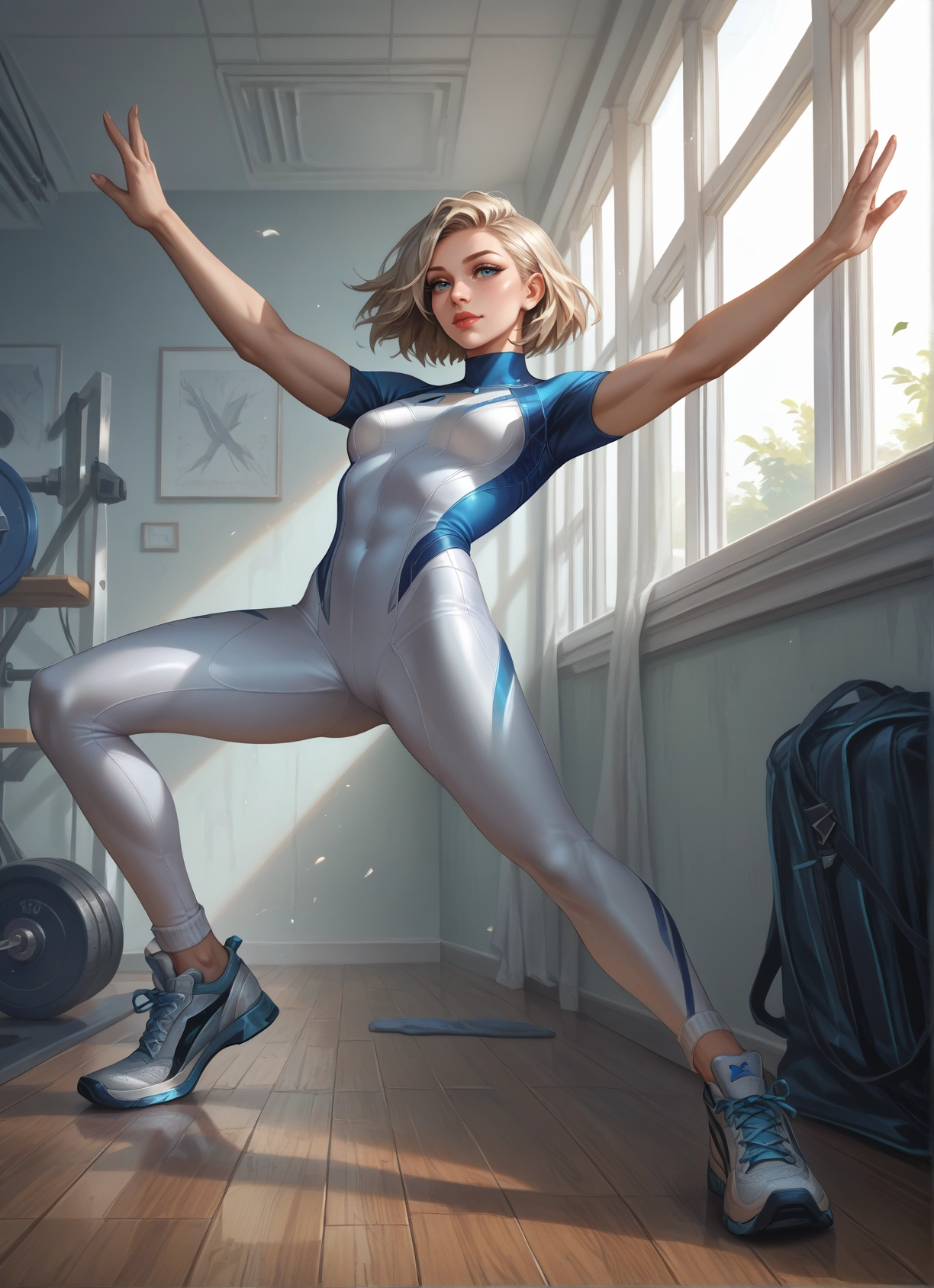 1girl, solo, bodysuit, blue eyes, shoes, blonde hair · Yamete.gg