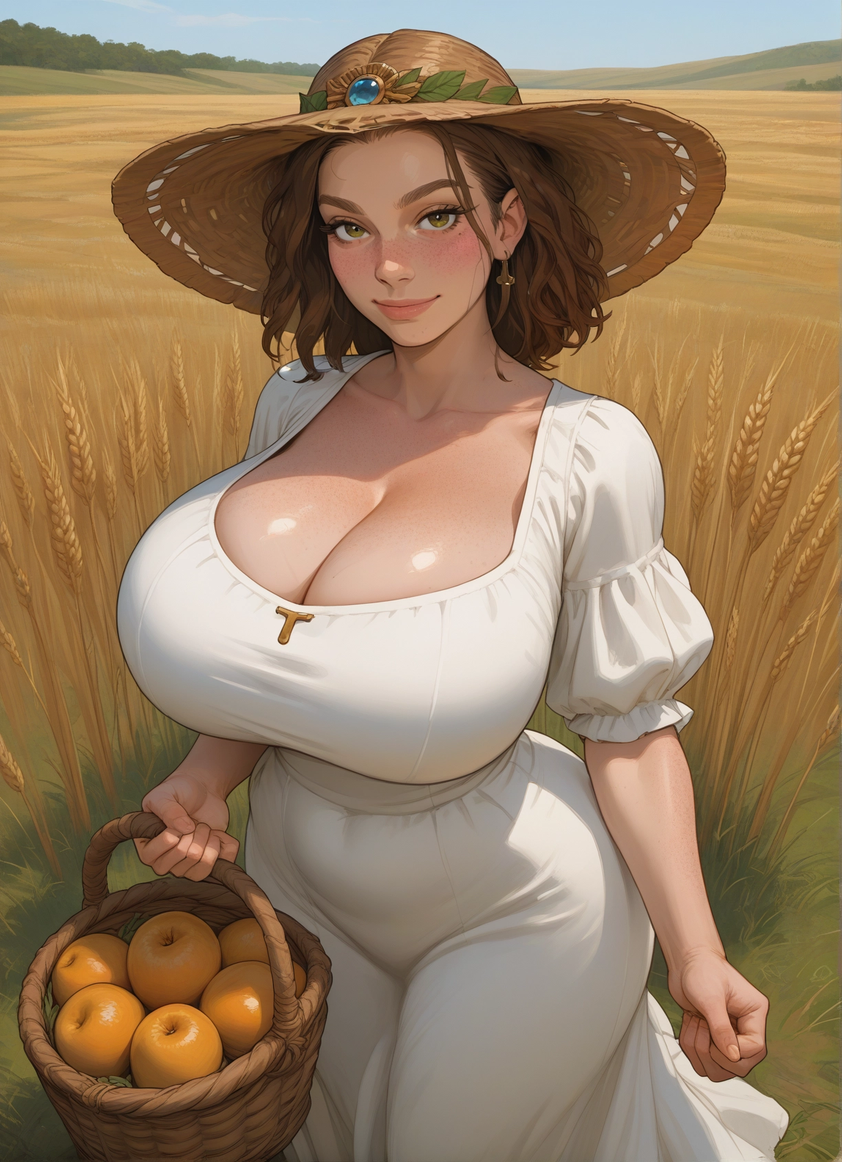 1girl, breasts, dress, solo, white dress, basket · Yamete.gg