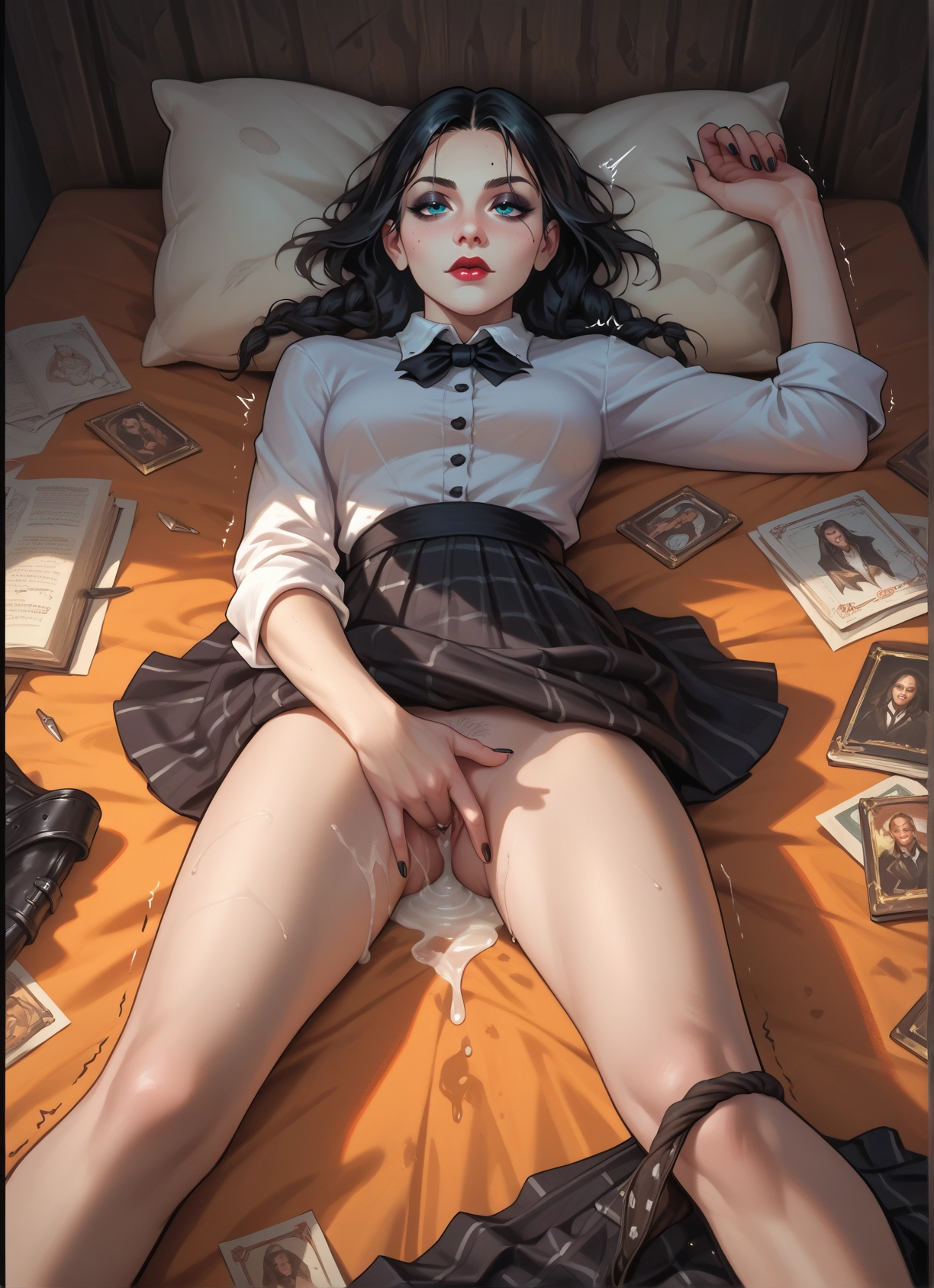 1girl, underwear, cum, skirt, panties, black hair · Yamete.gg