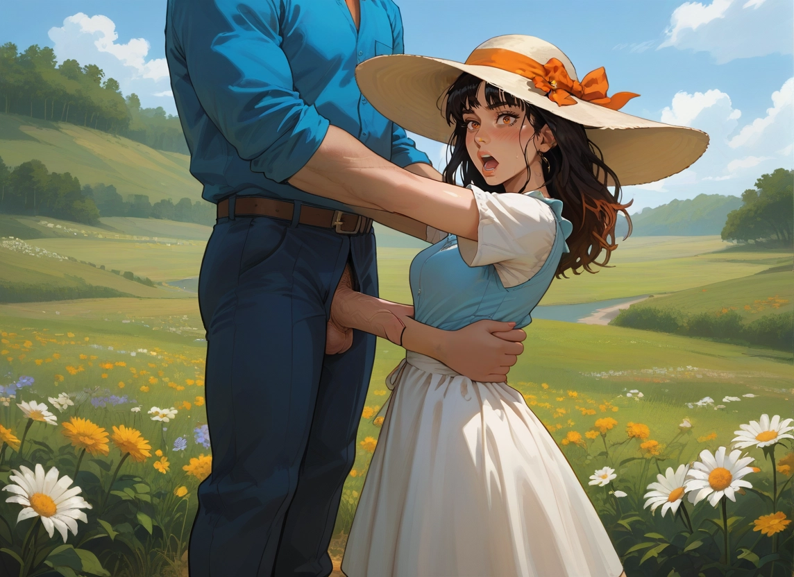 1girl, outdoors, 1boy, hat, flower, penis · Yamete.gg