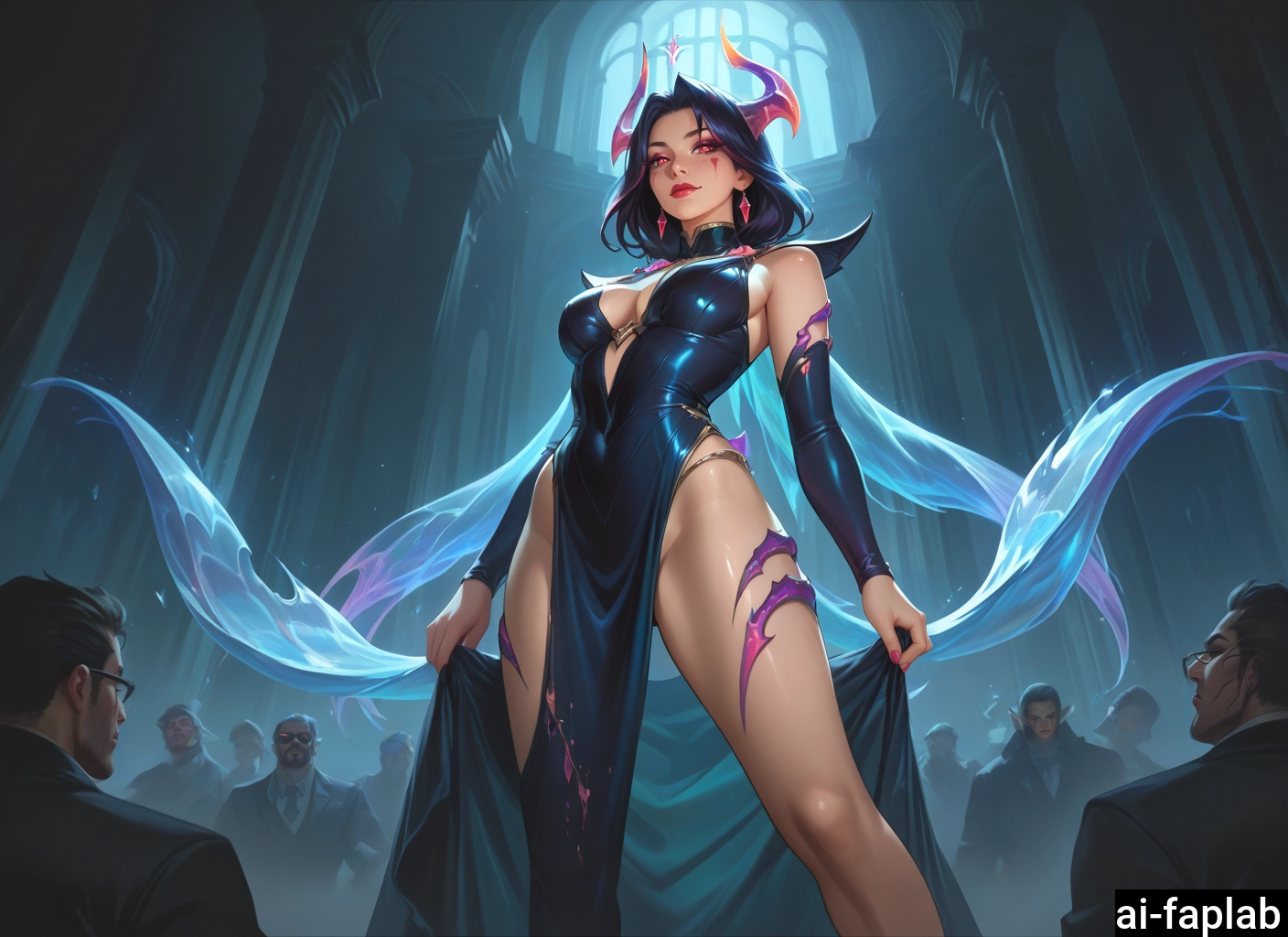 1girl, breasts, multiple boys, dress, horns, earrings · Yamete.gg