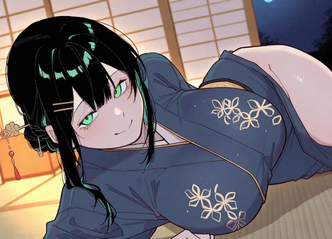 1girl, breasts, japanese clothes, kimono, black hair, smile · Yamete.gg