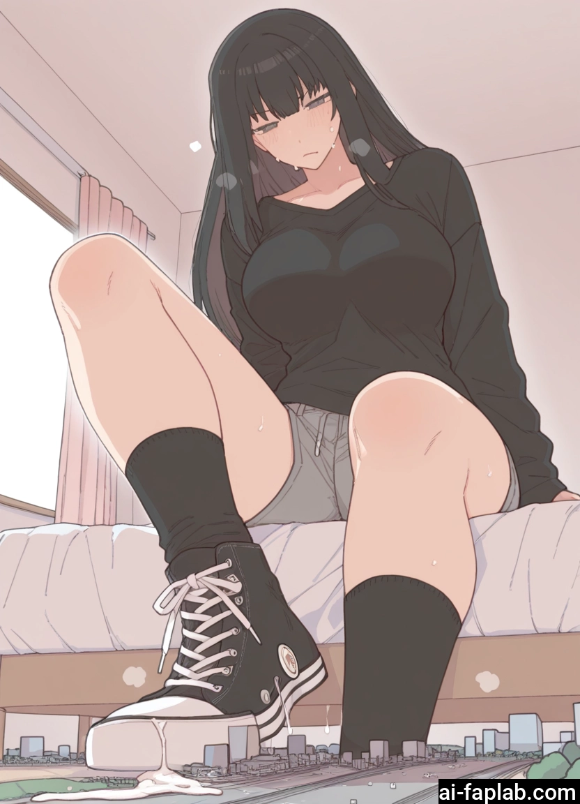 1girl, black hair, giant, giantess, shorts, breasts
