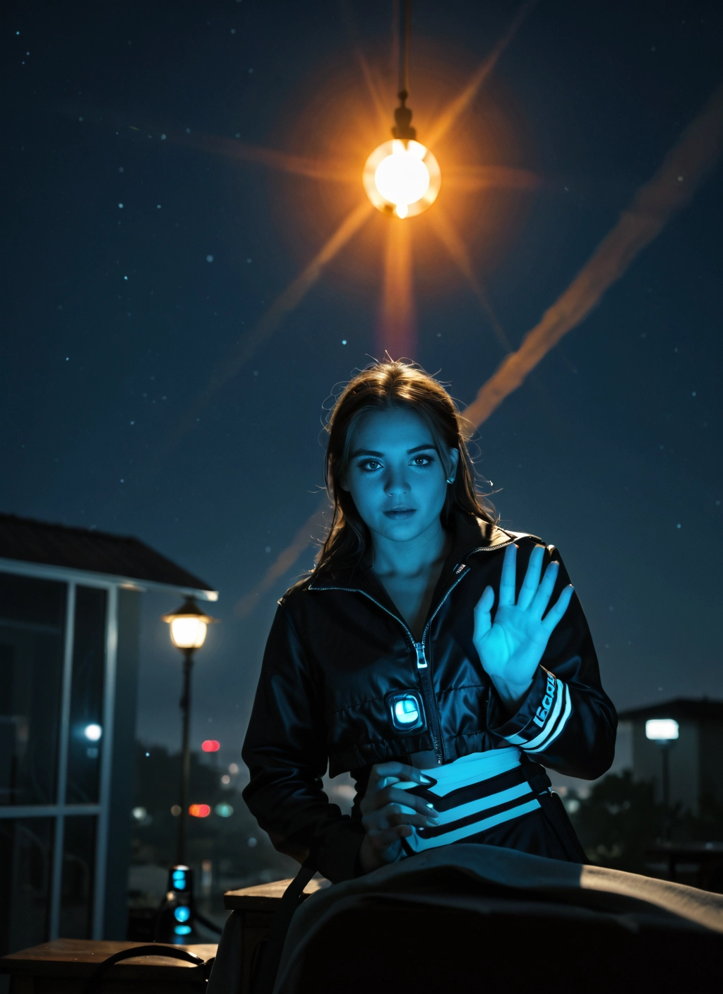1girl, solo, lamppost, night, jewelry, long hair · Yamete.gg