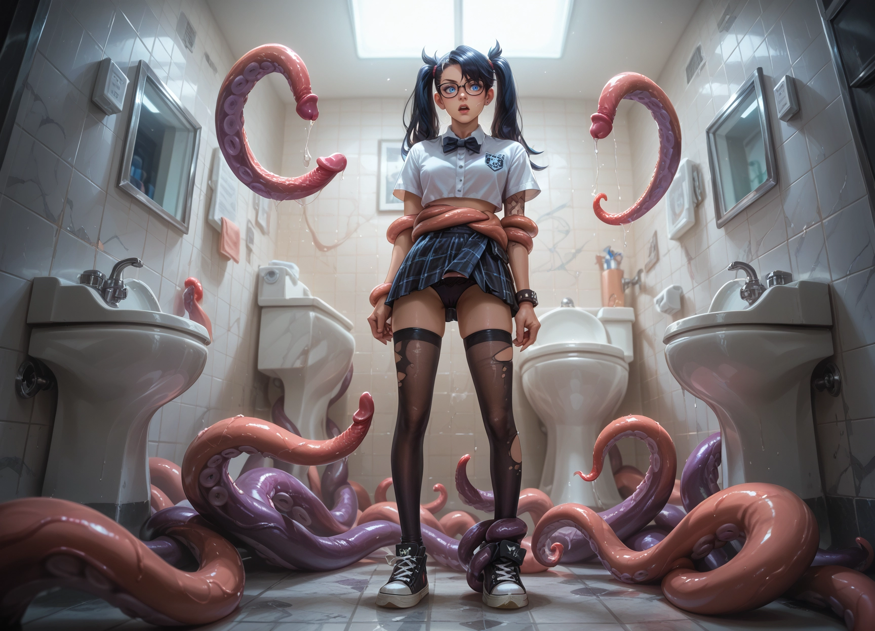 1girl, tentacles, black hair, skirt, twintails, thighhighs · Yamete.gg