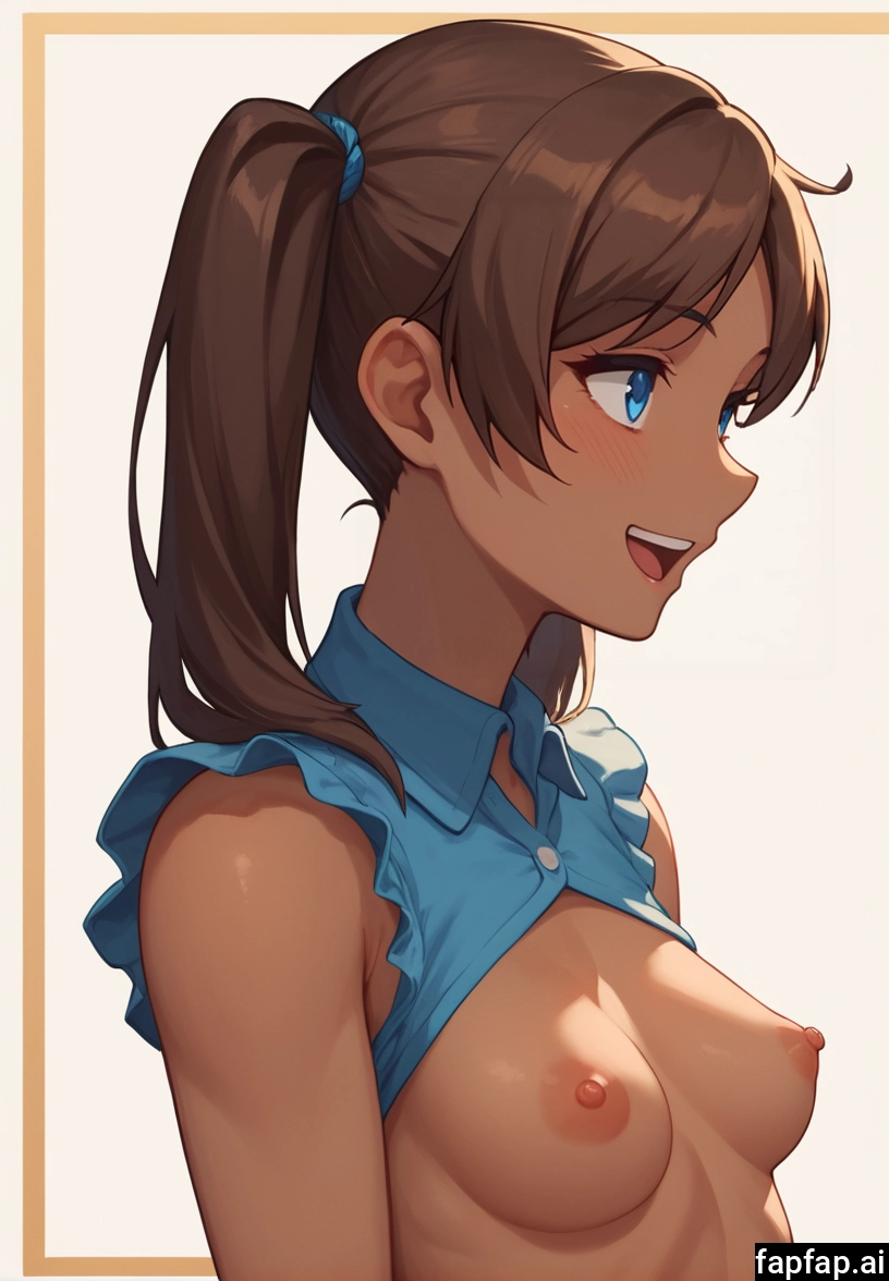 1girl, breasts, solo, nipples, brown hair, open mouth