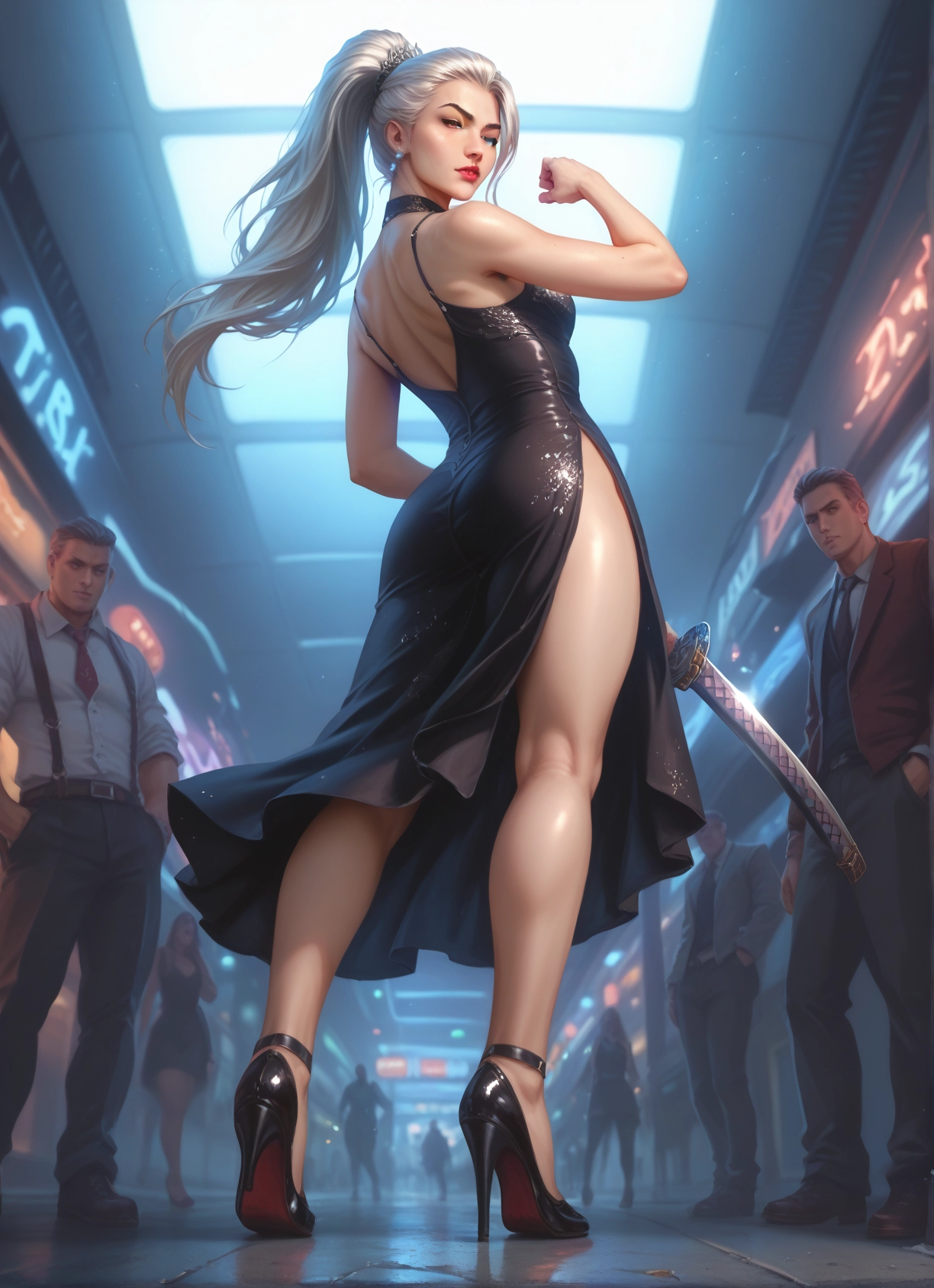 dress, weapon, sword, high heels, jewelry, earrings · Yamete.gg