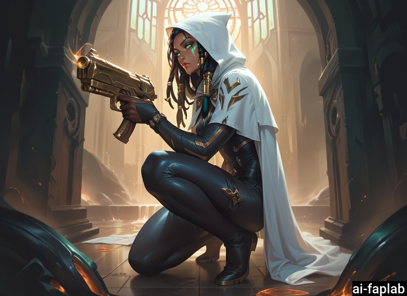 1girl, dark-skinned female, weapon, dark skin, solo, hood · Yamete.gg