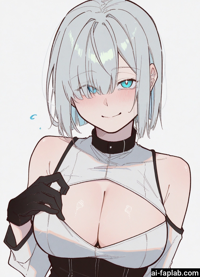 1girl, breasts, gloves, cleavage, solo, hair over one eye