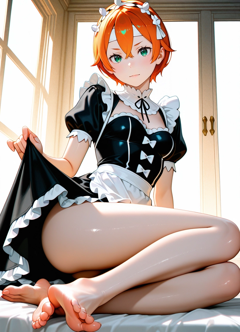 1girl, solo, barefoot, feet, maid headdress, maid · Yamete.gg
