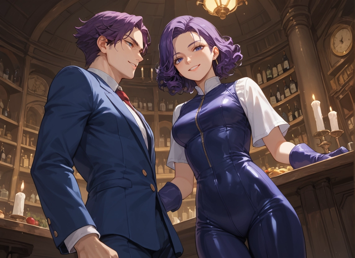 1girl, 1boy, purple hair, smile, indoors, gloves · Yamete.gg