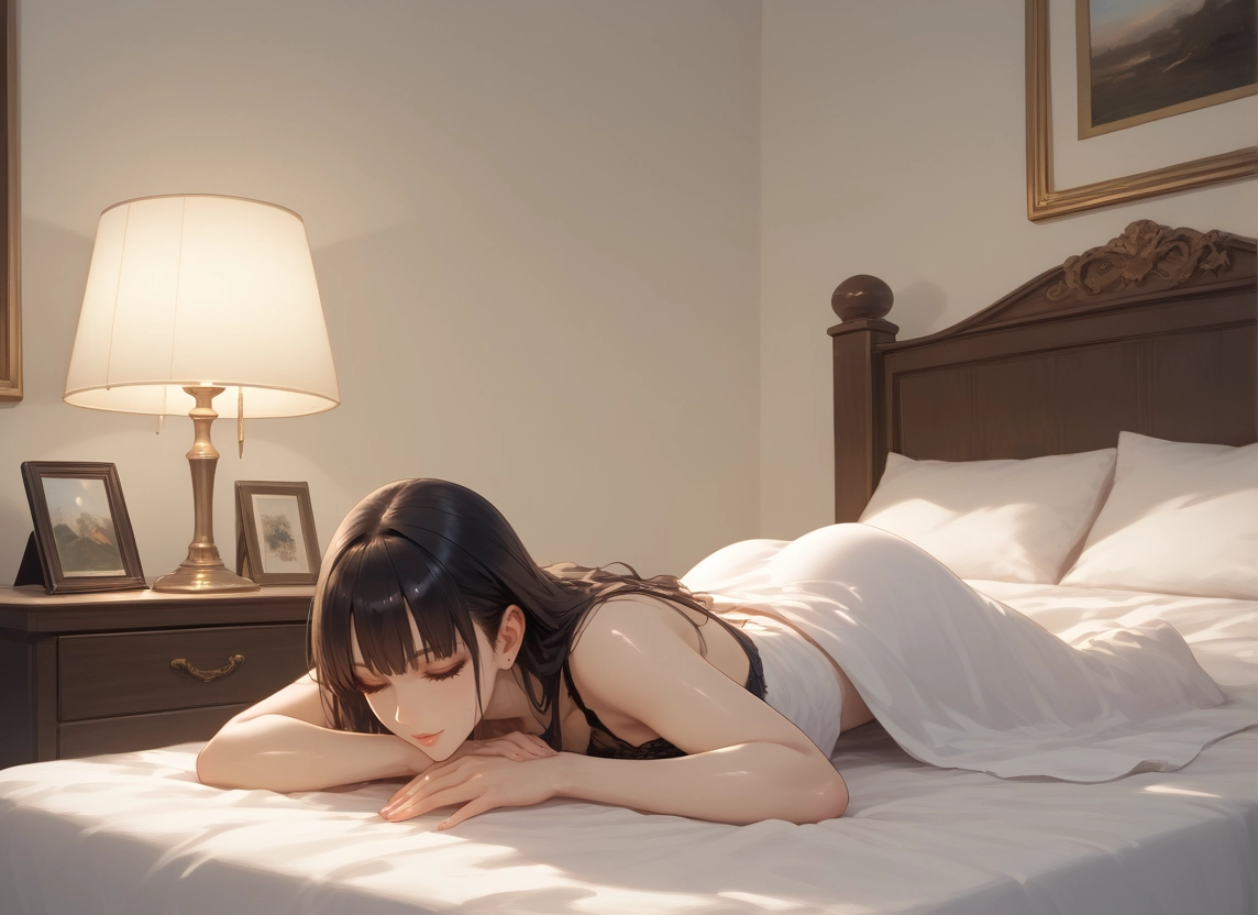 1girl, solo, long hair, closed eyes, black hair, lying · Yamete.gg