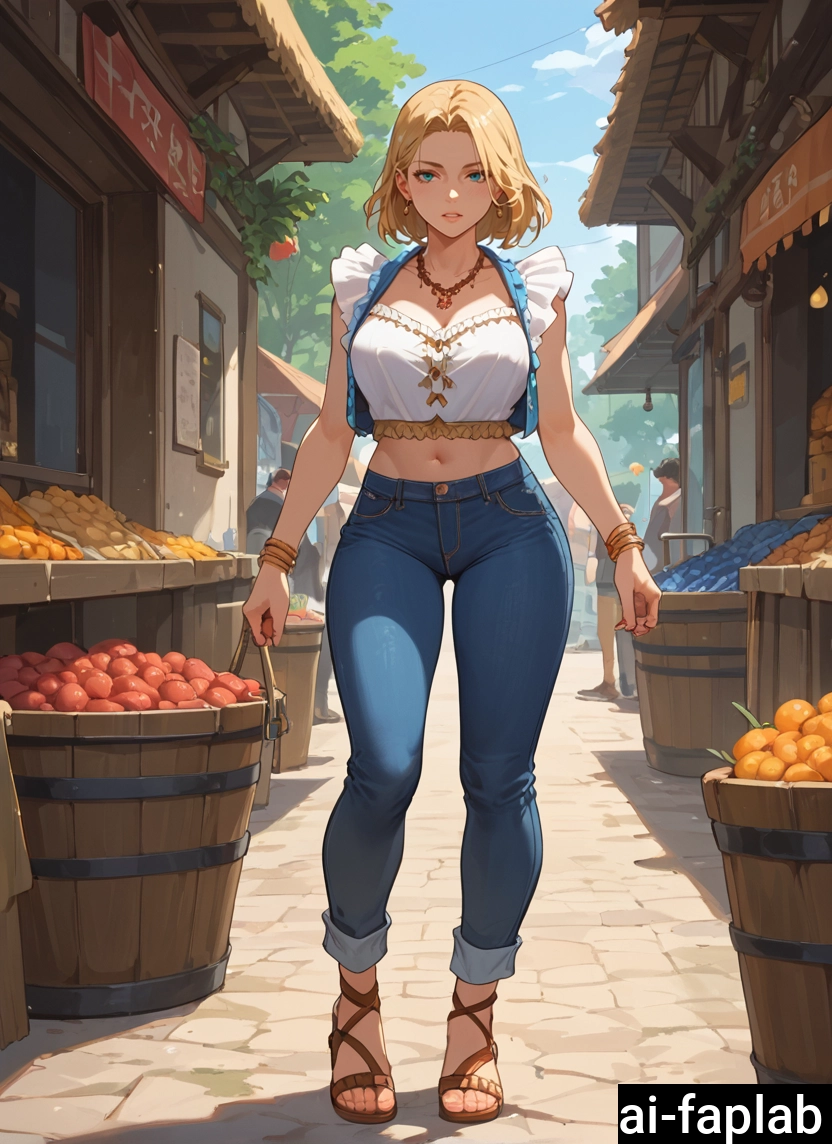 jewelry, breasts, blonde hair, fruit, pants, 1girl