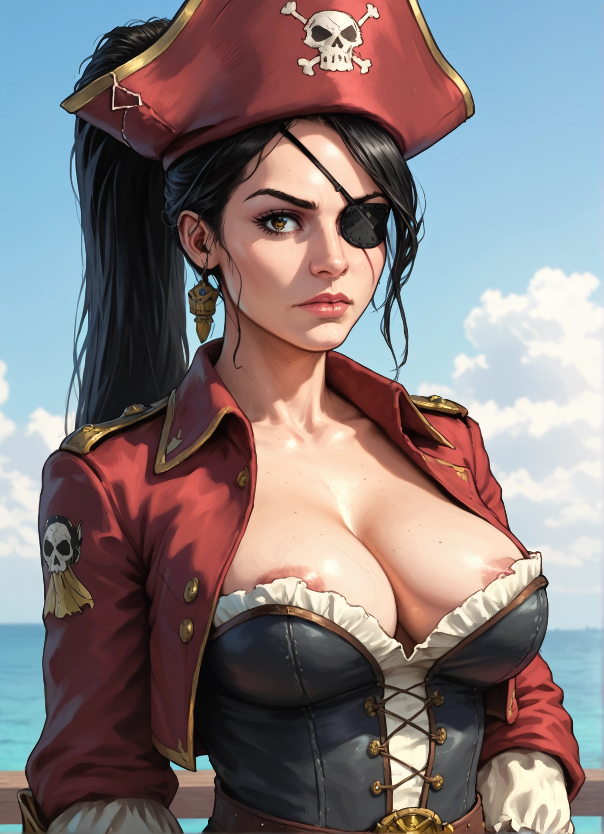 1girl, breasts, eyepatch, solo, hat, nipples · Yamete.gg