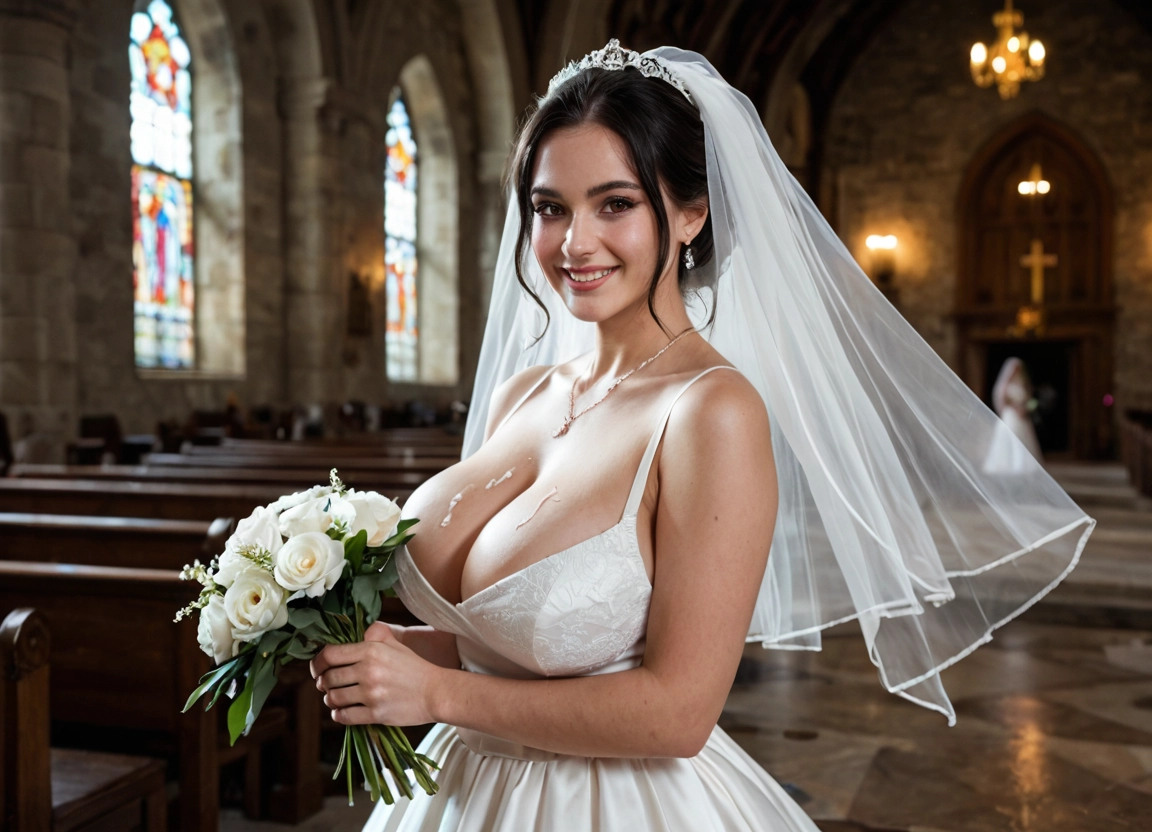 breasts, dress, flower, jewelry, wedding dress, veil · Yamete.gg