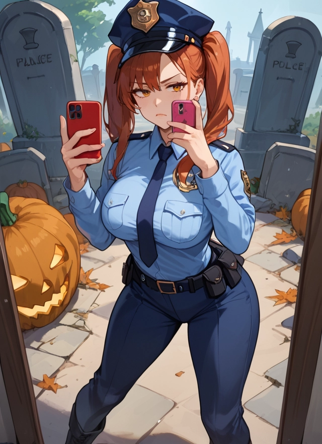 1girl, phone, twintails, breasts, necktie, police · Yamete.gg