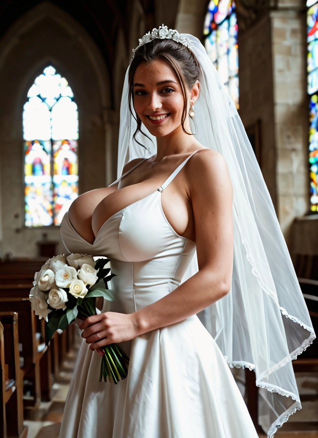 1girl, breasts, dress, flower, wedding dress, bouquet · Yamete.gg