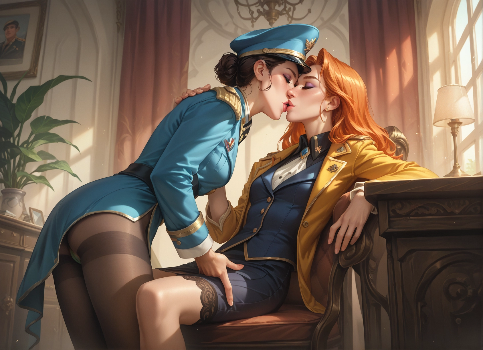 multiple girls, 2girls, pantyhose, yuri, kiss, skirt · Yamete.gg