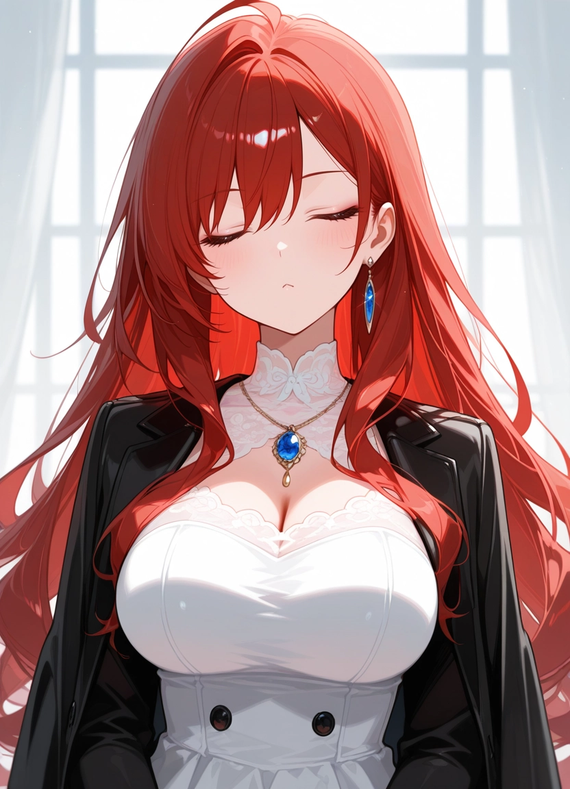 1girl, breasts, solo, jewelry, red hair, long hair · Yamete.gg