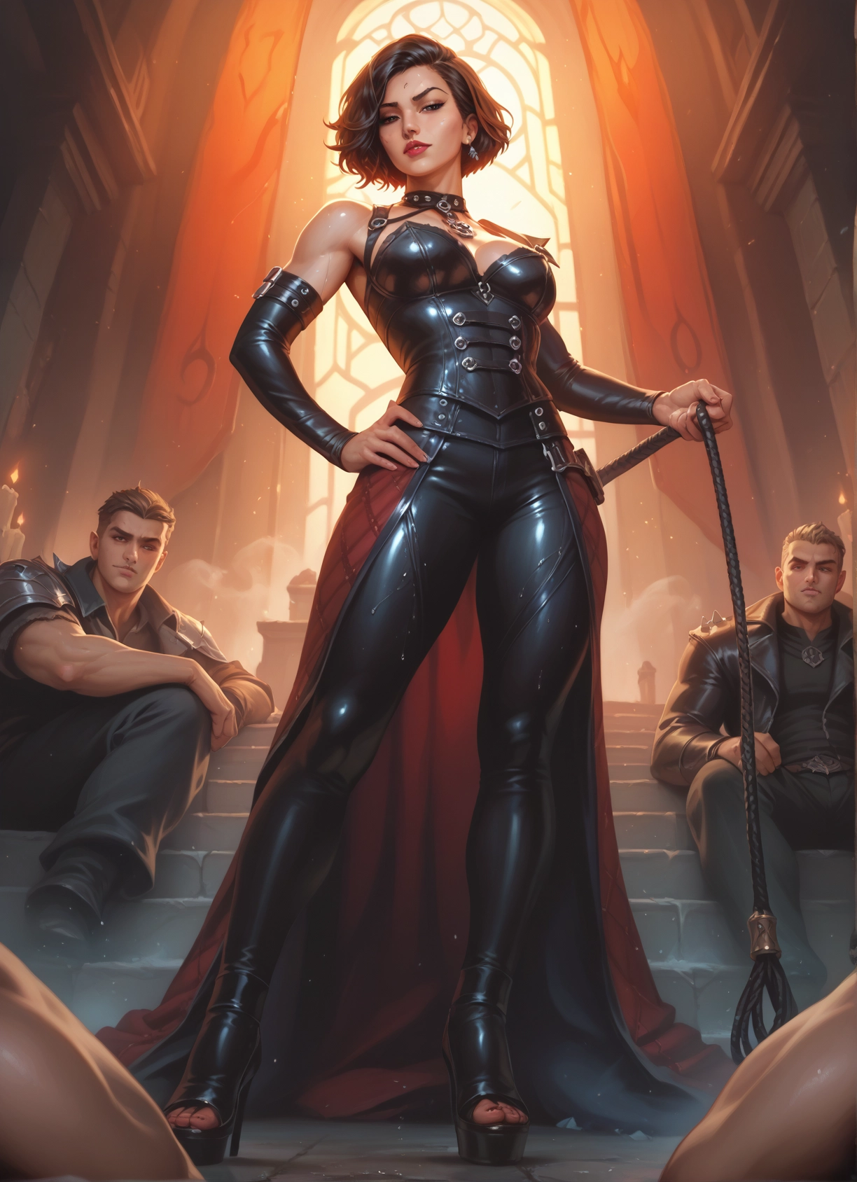 1girl, multiple boys, whip, high heels, breasts, jewelry · Yamete.gg