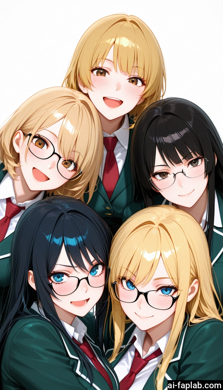 multiple girls, glasses, blonde hair, 3girls, smile, open mouth