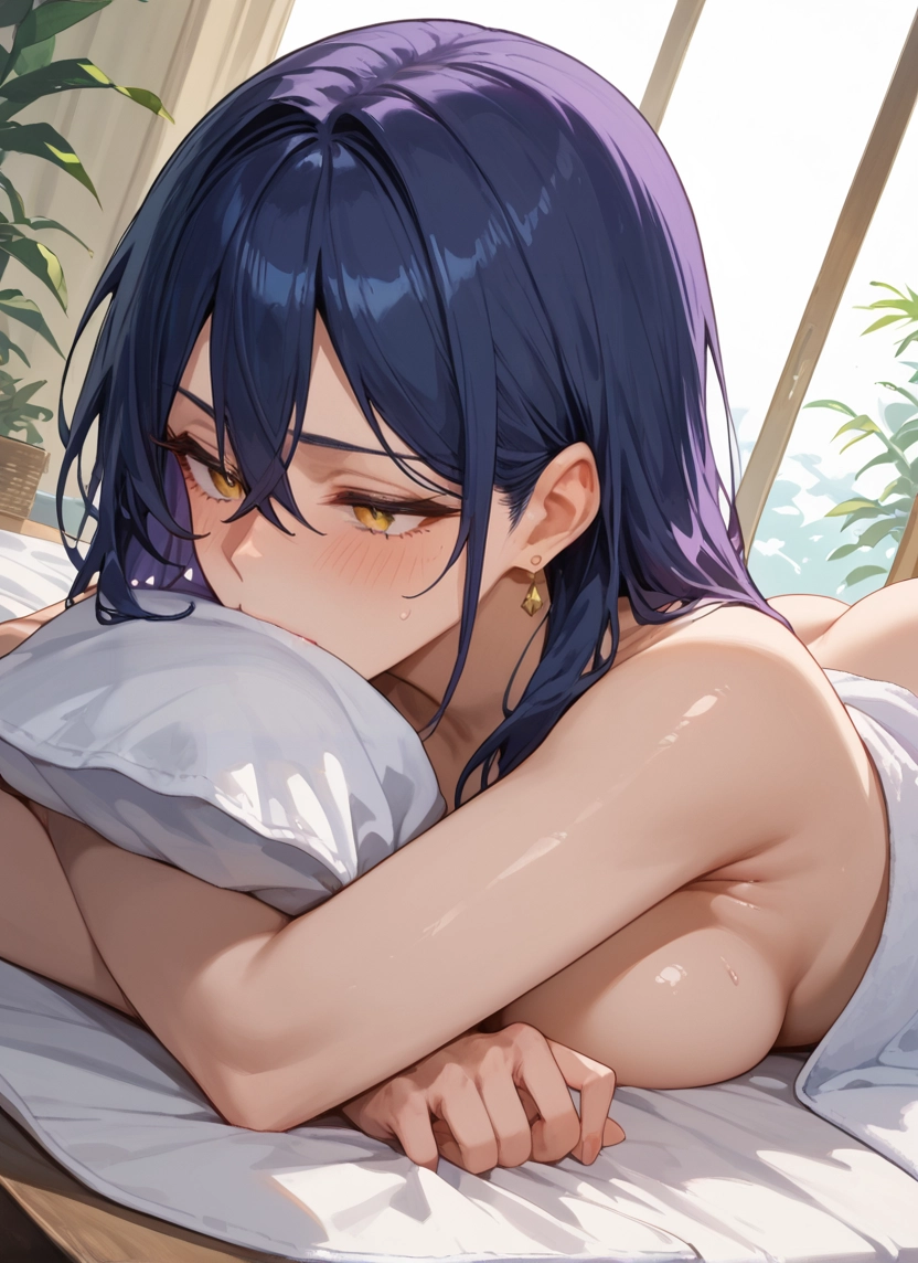 1girl, breasts, jewelry, yellow eyes, solo, on stomach · Yamete.gg