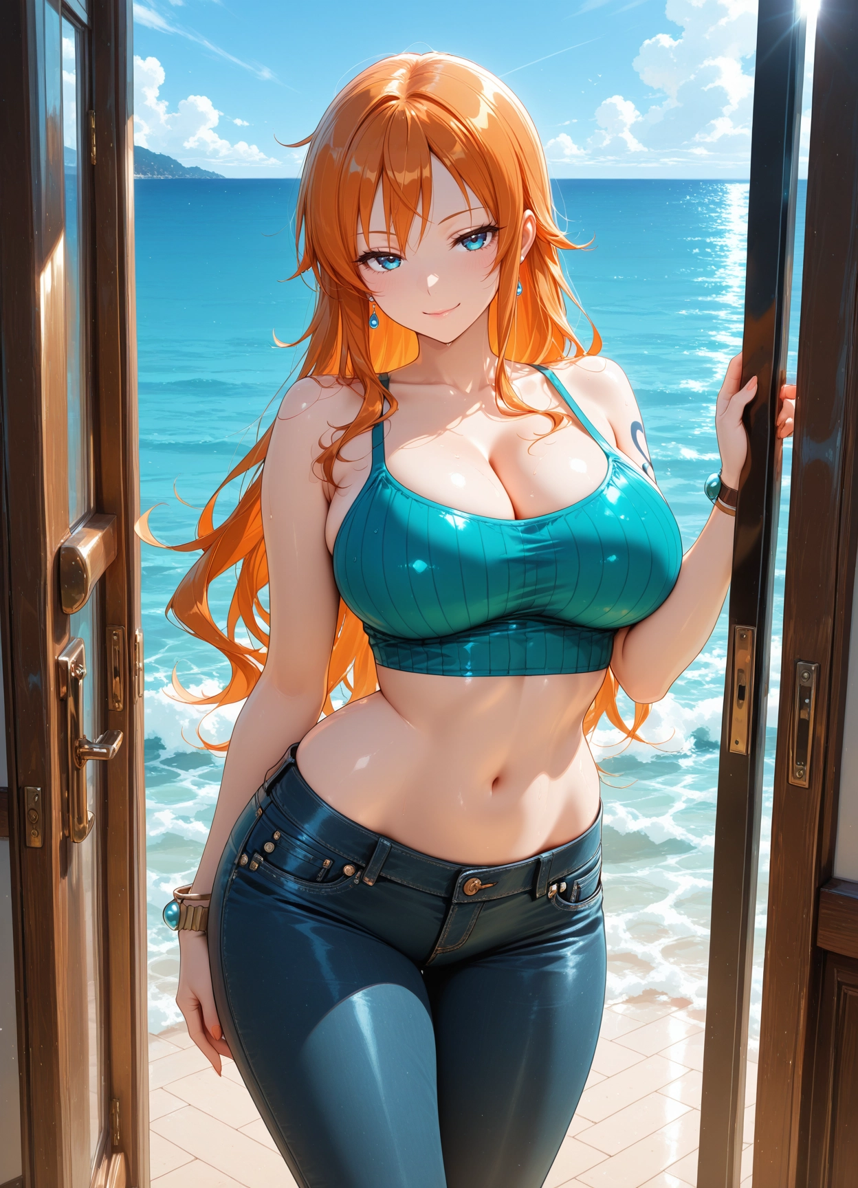 1girl, breasts, solo, orange hair, navel, large breasts · Yamete.gg