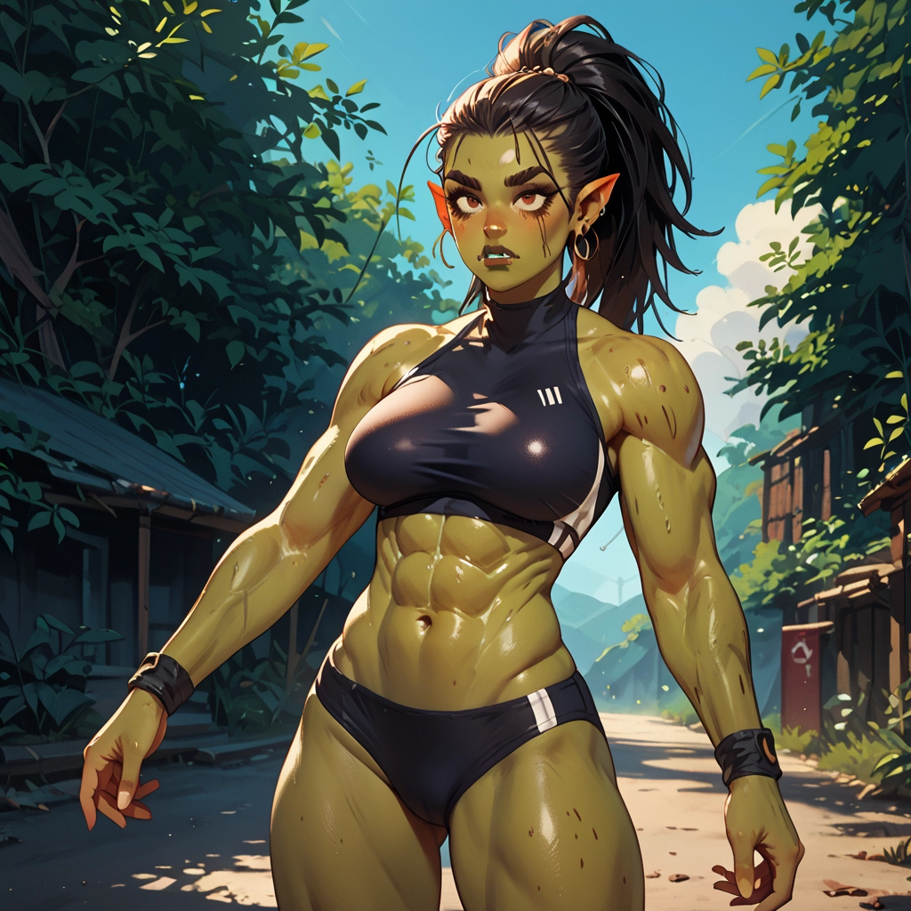 1girl, muscular, abs, colored skin, muscular female, pointy ears · Yamete.gg