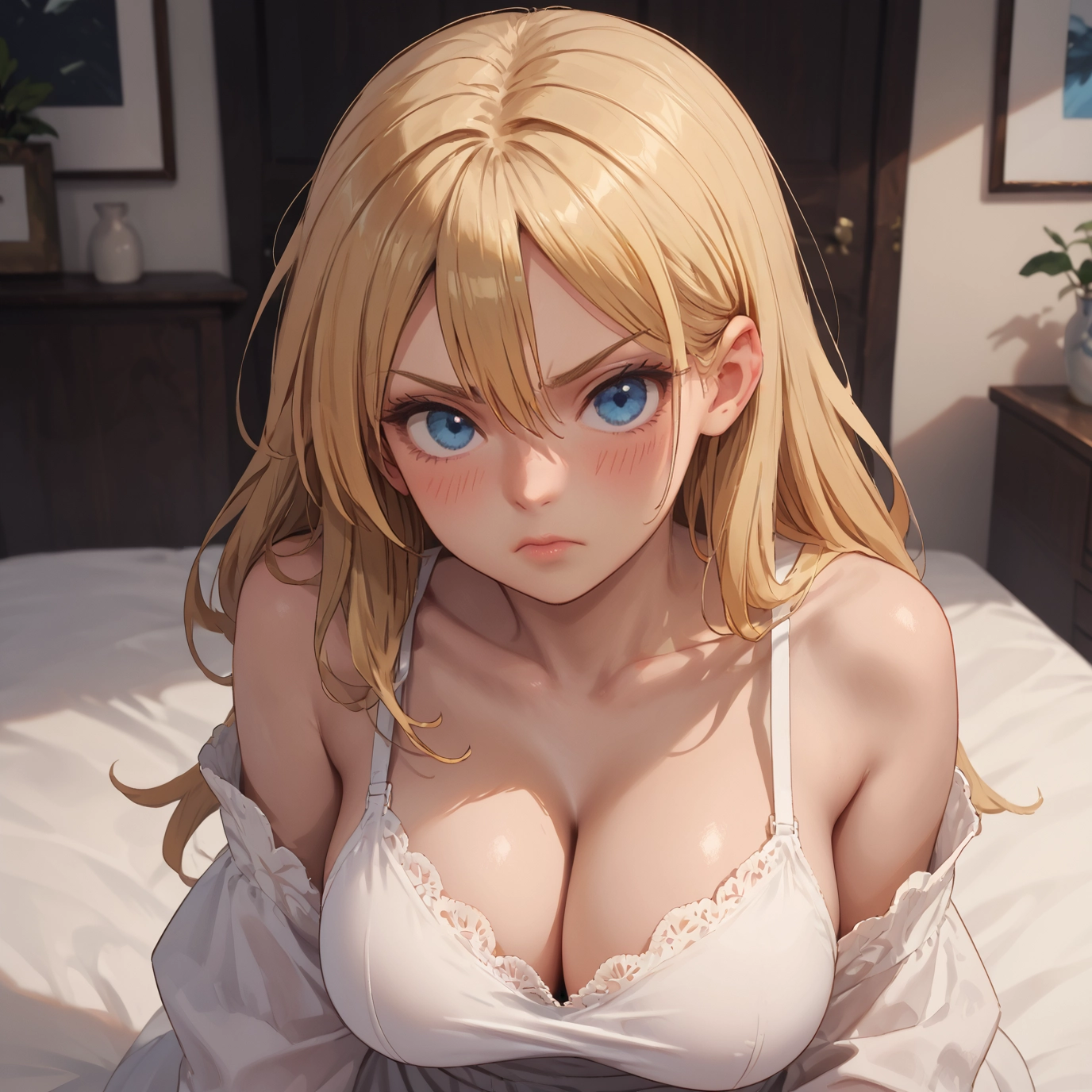 breasts, 1girl, blonde hair, blue eyes, cleavage, solo · Yamete.gg