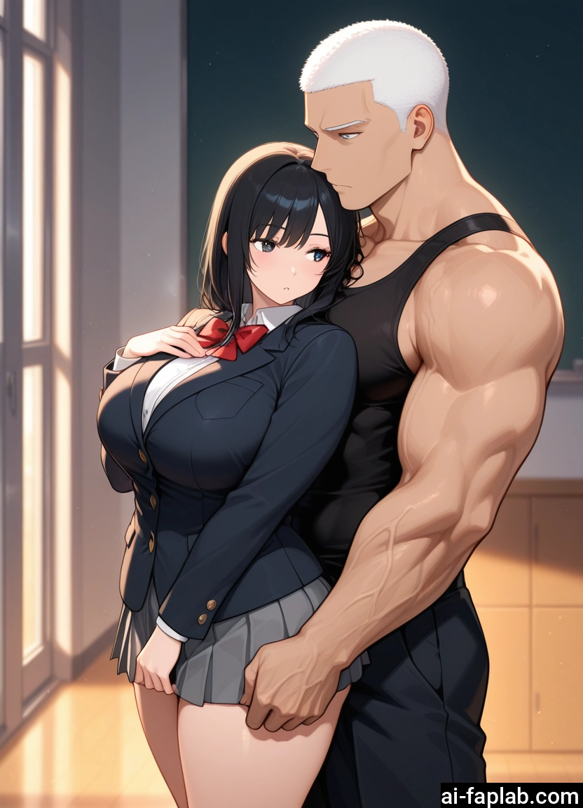 1girl, 1boy, black hair, skirt, breasts, muscular · Yamete.gg