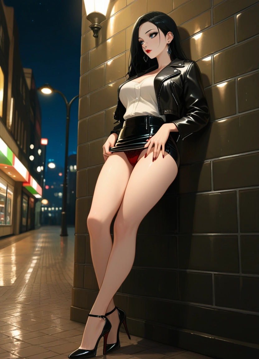 1girl, underwear, red panties, panties, high heels, leather jacket · Yamete.gg