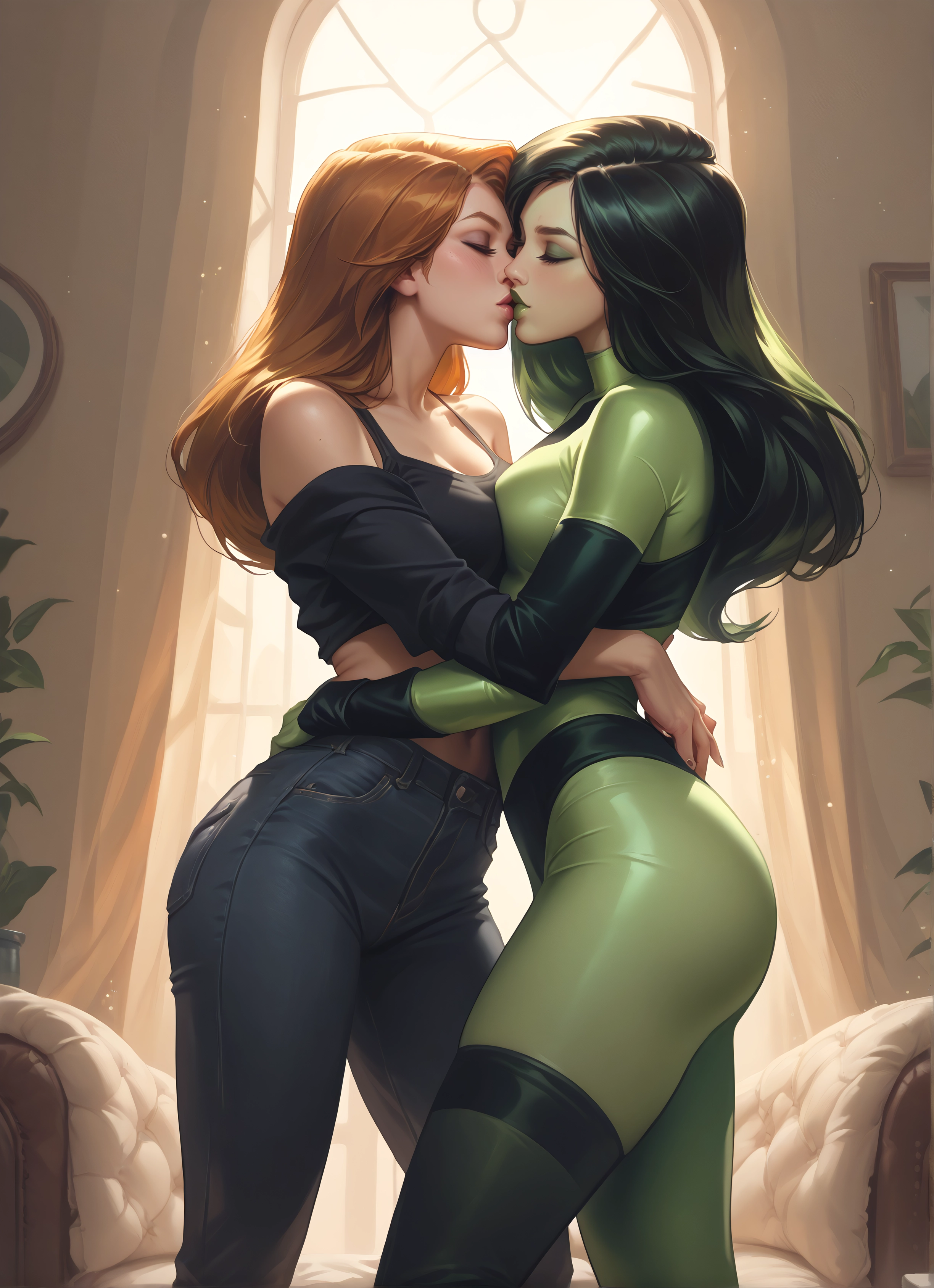 multiple girls, 2girls, yuri, breasts, closed eyes, pants · Yamete.gg