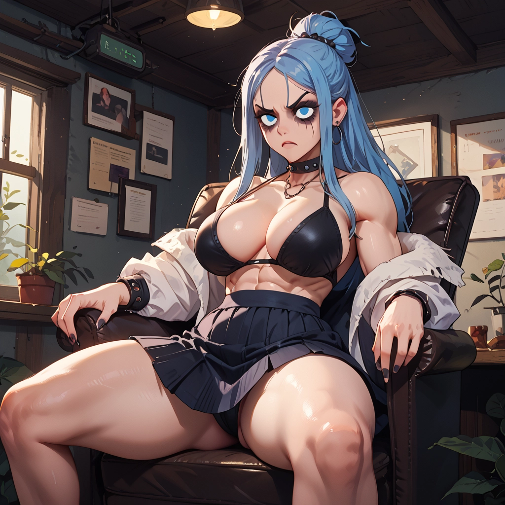 breasts, blue eyes, blue hair, nail polish, jewelry, choker · Yamete.gg