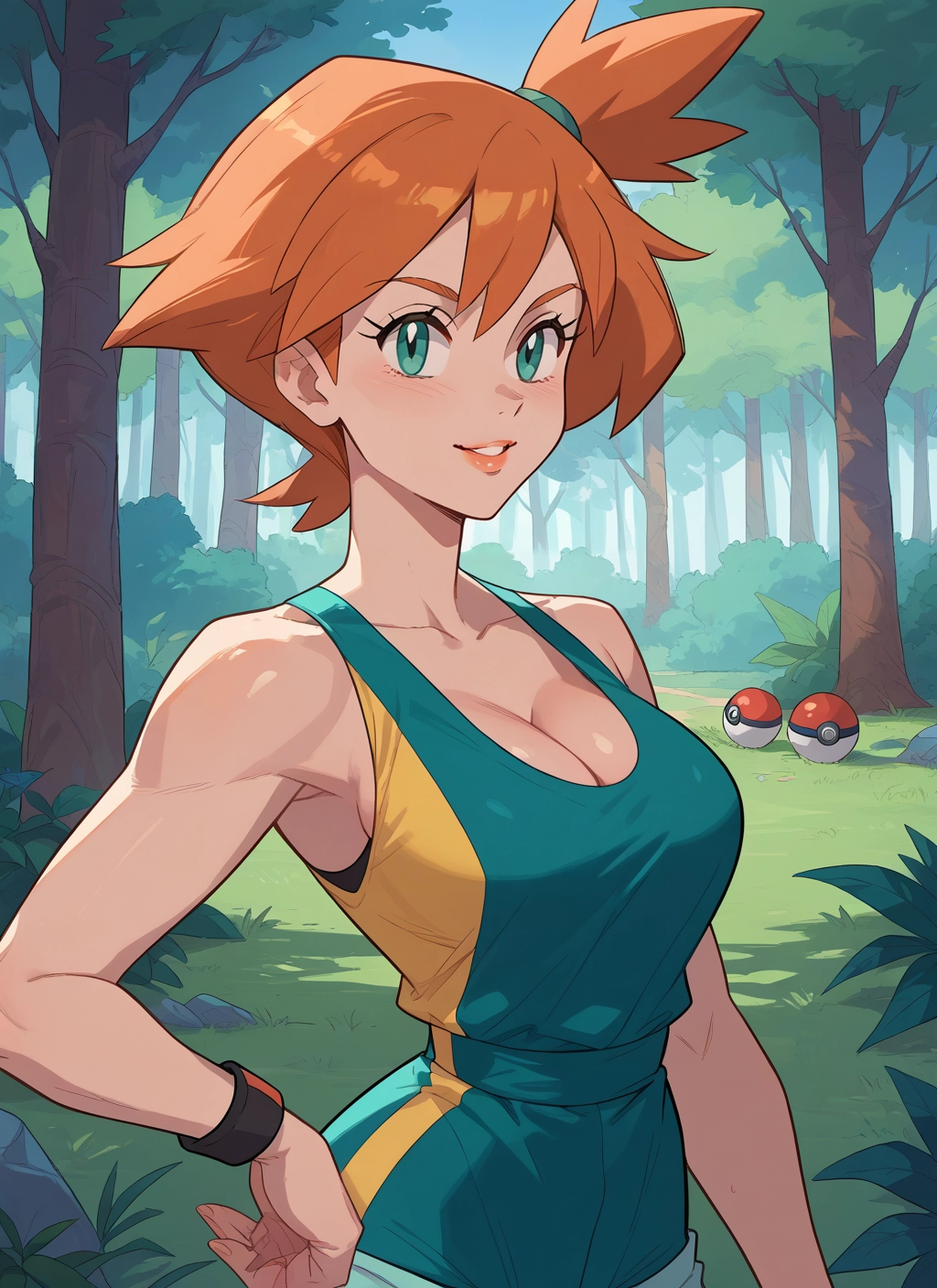 1girl, breasts, orange hair, cleavage, side ponytail, smile · Yamete.gg