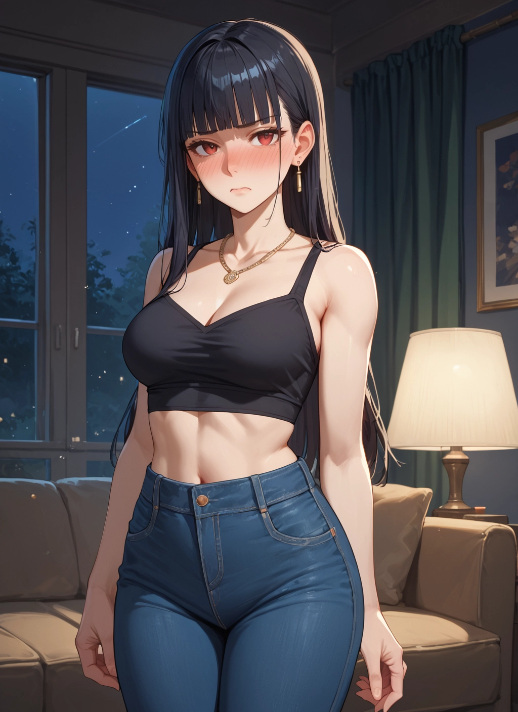 1girl, breasts, long hair, jewelry, blush, pants