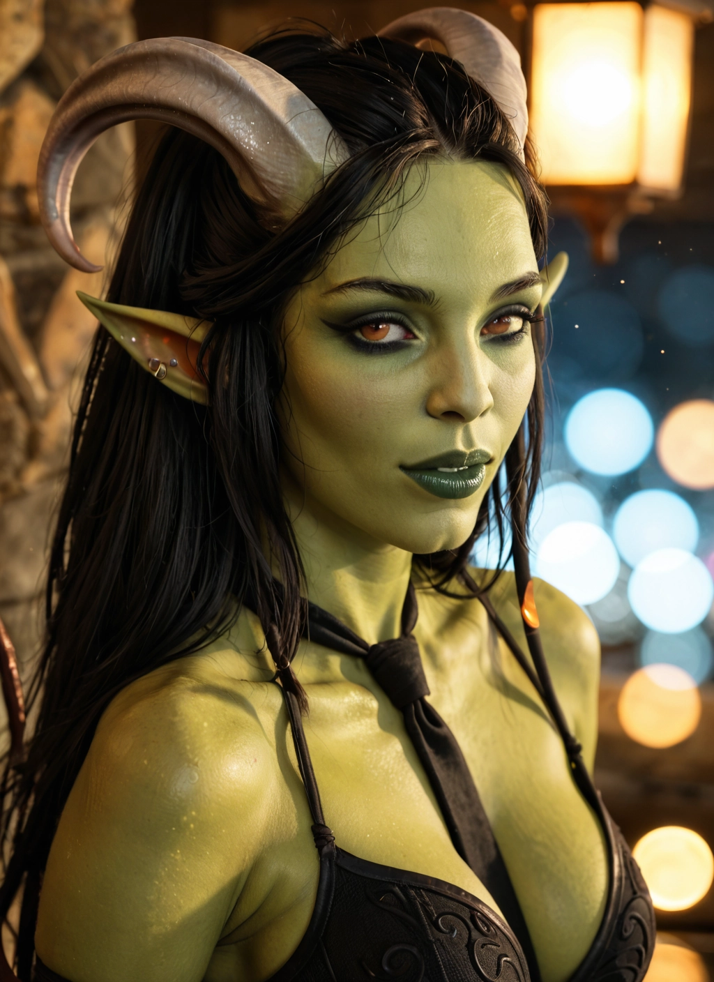 1girl, horns, solo, pointy ears, breasts, necktie · Yamete.gg
