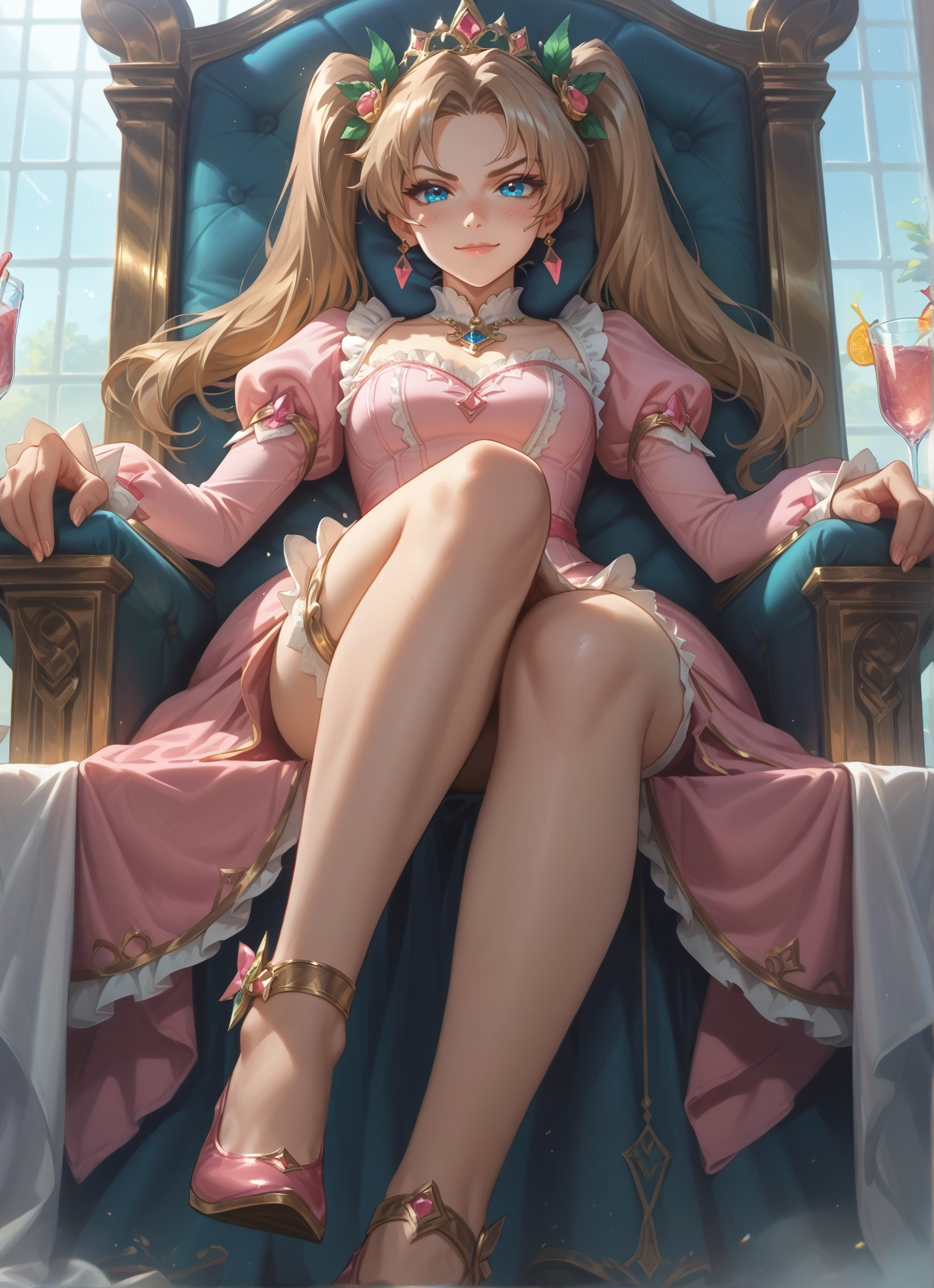 1girl, twintails, blue eyes, blonde hair, dress, sitting · Yamete.gg
