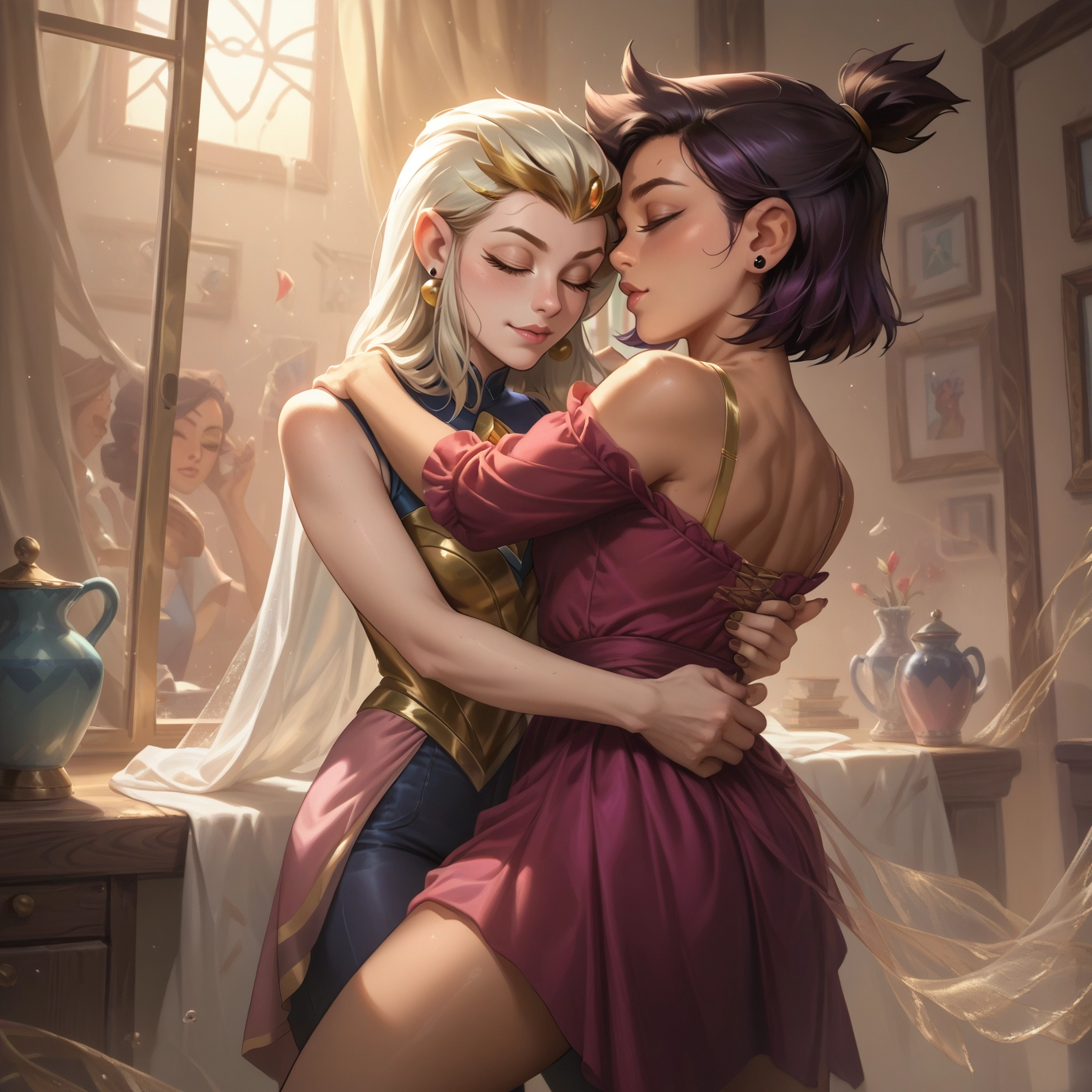 multiple girls, jewelry, earrings, closed eyes, yuri, dress · Yamete.gg
