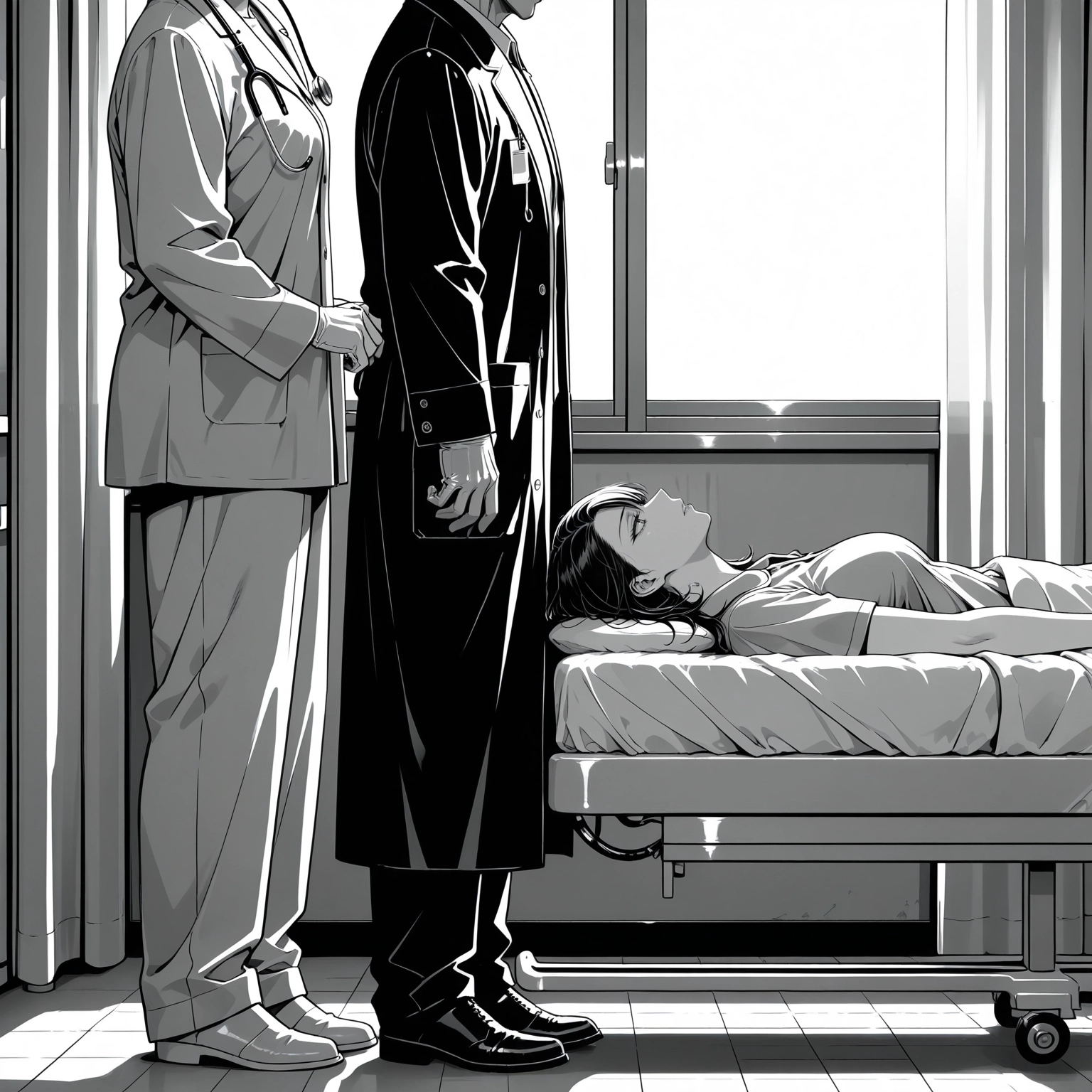 monochrome, greyscale, 1girl, jacket, indoors, pants · Yamete.gg