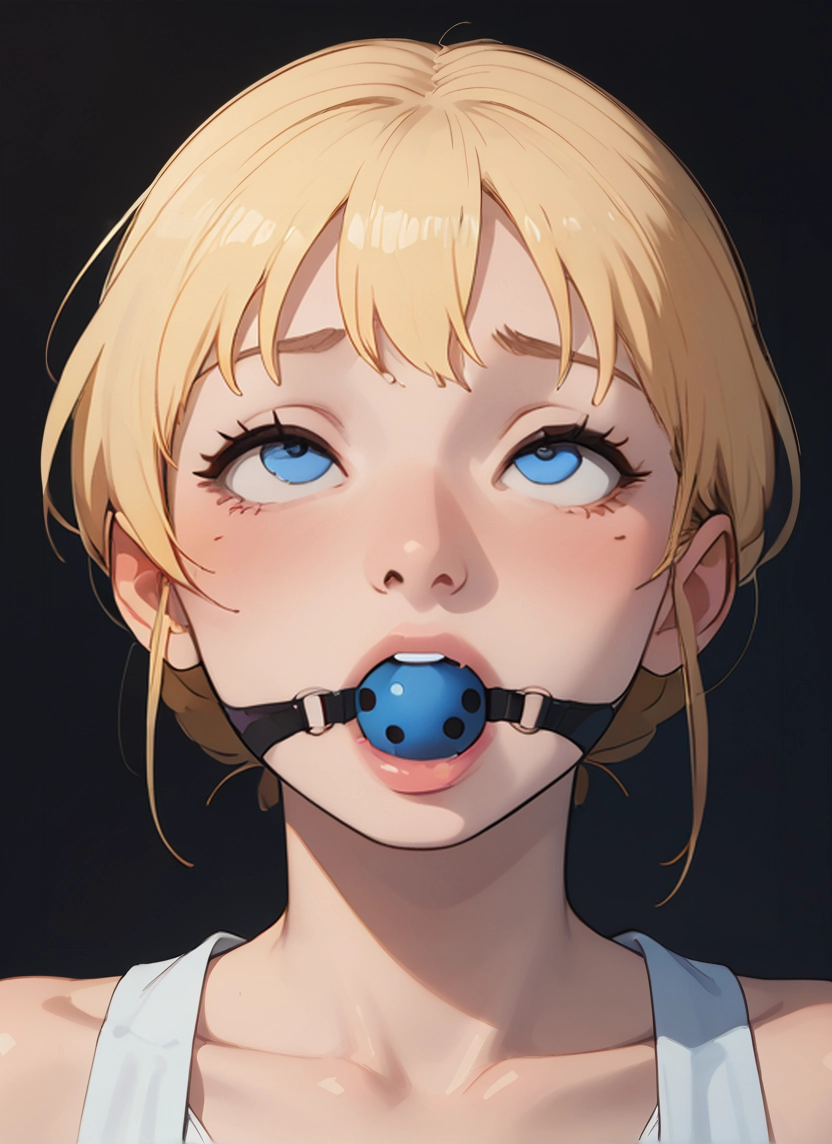 1girl, blonde hair, solo, ball gag, gag, blue eyes