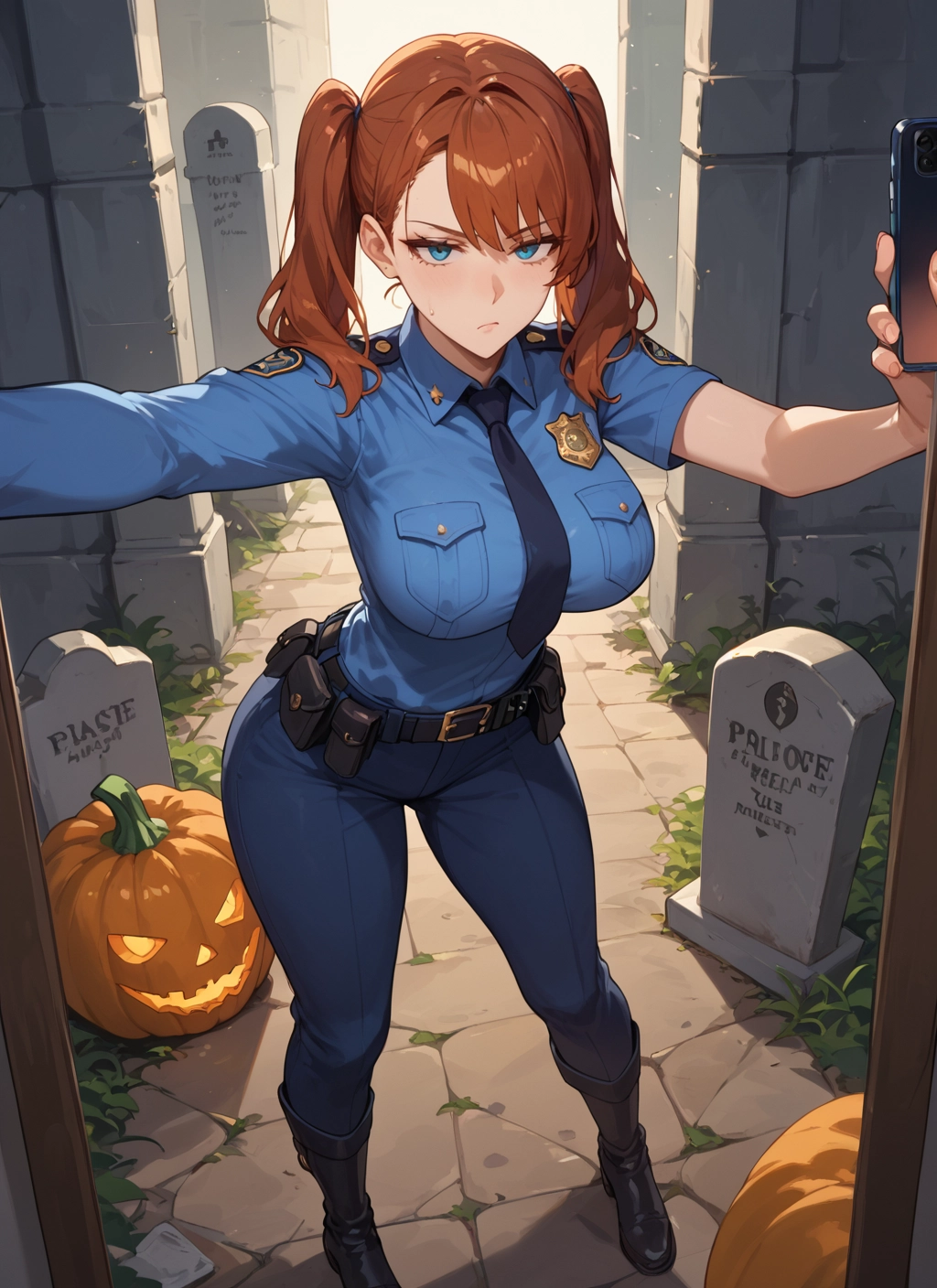 1girl, breasts, twintails, phone, necktie, police · Yamete.gg