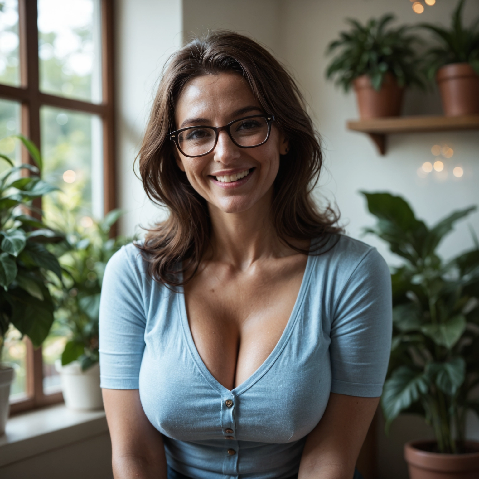 1girl, breasts, solo, cleavage, glasses, brown hair · Yamete.gg