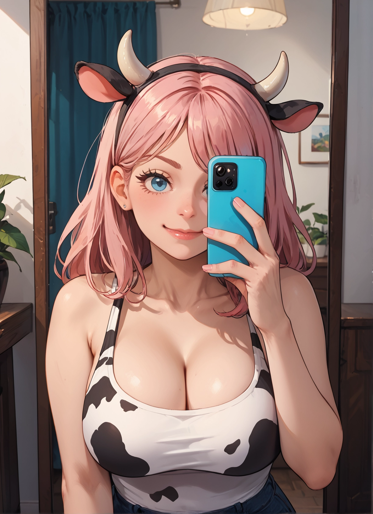 breasts, 1girl, animal ears, phone, animal print, cow print · Yamete.gg