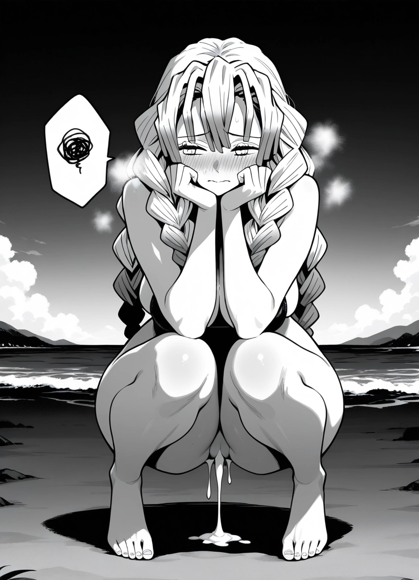 1girl, monochrome, greyscale, squatting, solo, cum · Yamete.gg