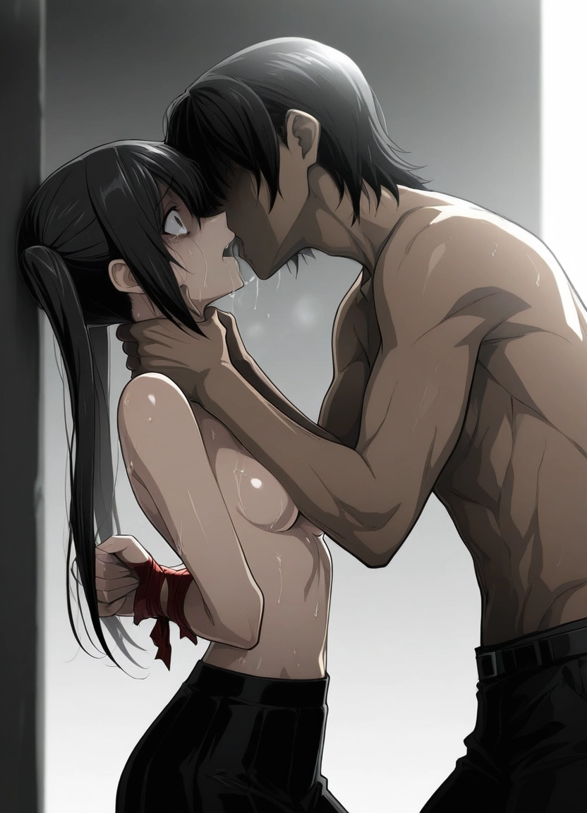 1girl, 1boy, black hair, topless, breasts, twintails · Yamete.gg